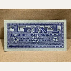 Original WWII German 1 Reichspfennig Wehrmacht Payment Certificates, BEHELFSZAHLUNGSMITTEL