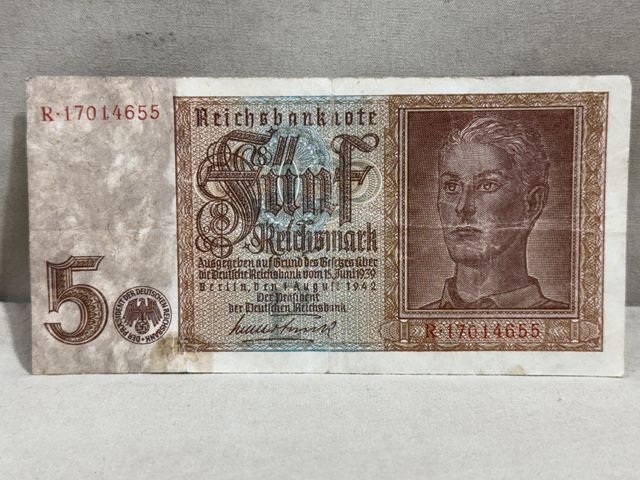 Original WWII German 5 Reichsmark Note, 1942 Series