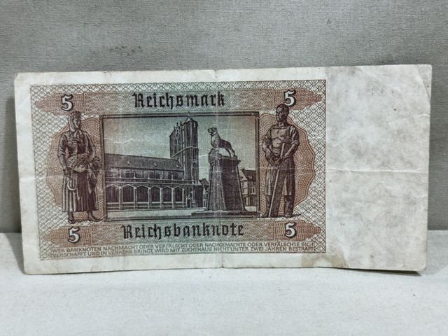 Original WWII German 5 Reichsmark Note, 1942 Series — image 3