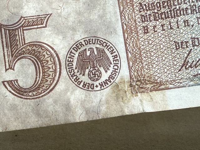 Original WWII German 5 Reichsmark Note, 1942 Series — image 4