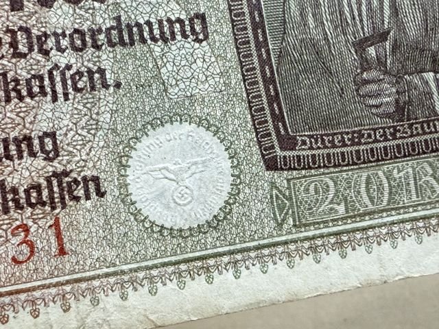 Original Nazi Era German 20 Reichsmark Note — image 2