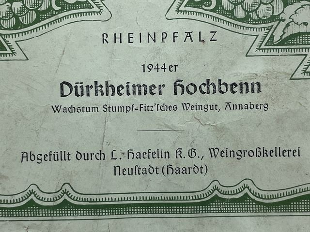 Original WWII German Wine Bottle Label, Dürkheimer Kochbenn 1944 — image 2
