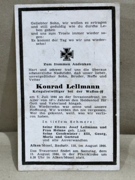 Original WWII German Remembrance Card, Waffen-SS Soldier — image 4