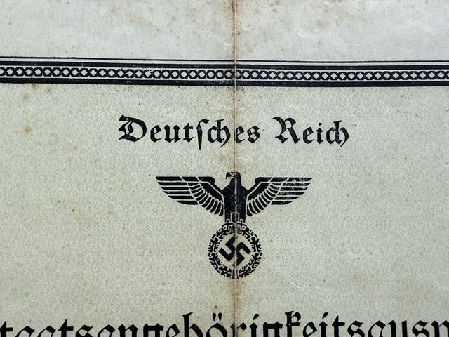 Original WWII German Citizenship ID (For Domestic Use) Document, Staatsangehörigkeitsausweis — image 2