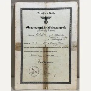 Original WWII German Citizenship ID (For Domestic Use) Document, Staatsangehörigkeitsausweis