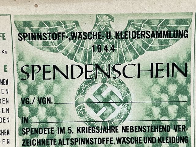 Original WWII German Clothing Donation Form, SPENDENSCHEIN — image 2