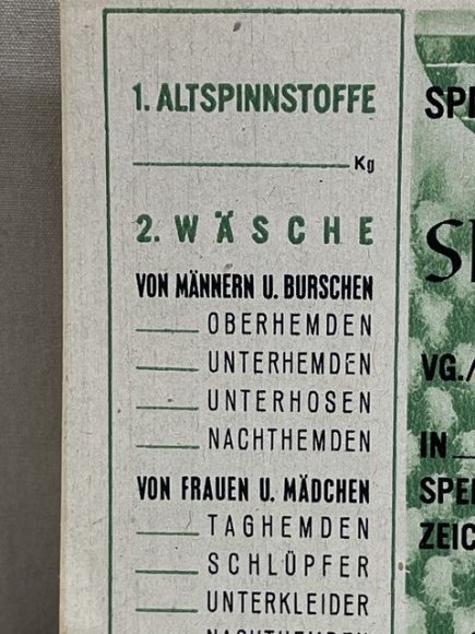 Original WWII German Clothing Donation Form, SPENDENSCHEIN — image 5
