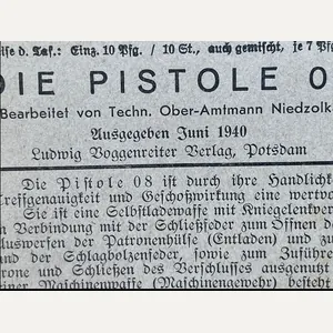 Original WWII German Luger P-08 Training Sheet, Die Pistole 08