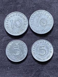 4 X WW2 GERMAN 10 & 5 REICHSFENNIG COINS