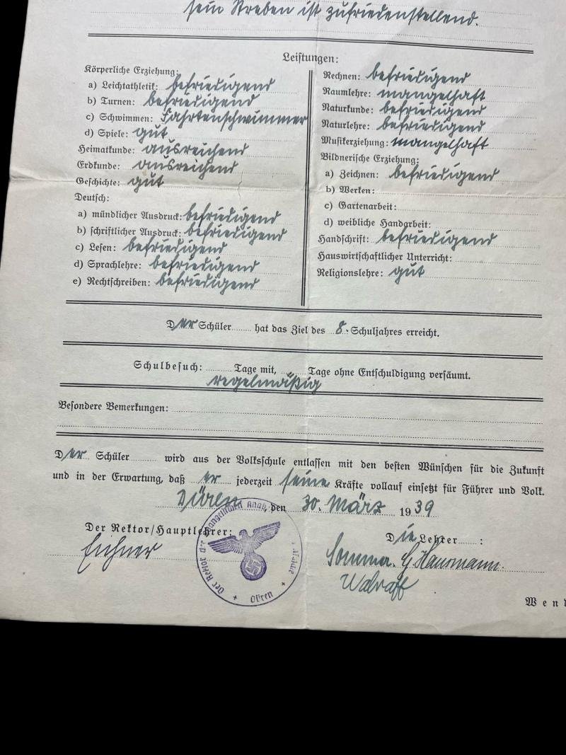 (Was £10) WW2 GERMAN SCHOOL LEAVING CERTIFICATE — image 2