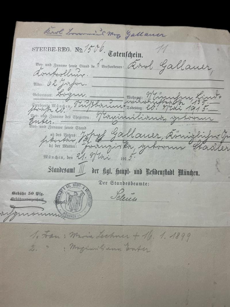 WW1 GERMAN 1915 DATED DEATH CERTIFICATE — image 2