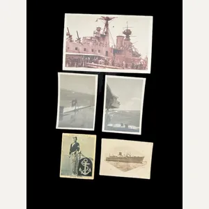 HMS HOOD POSTCARD & 4 PICTURES