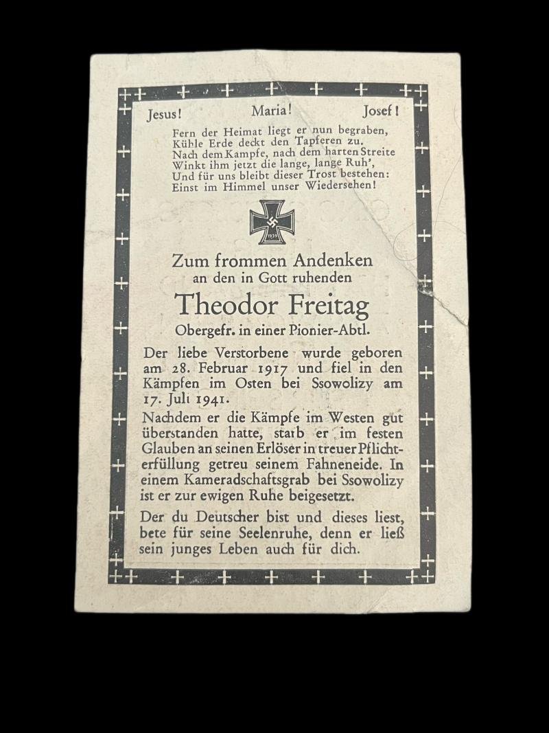 WW2 GERMAN DEATH CARD TO THEODOR FREITAG — image 2