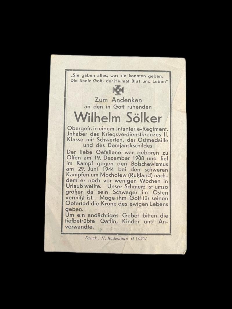 WW2 GERMAN DEATH CARD TO WILHELM SOLKER — image 2