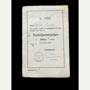 (Was £12.50) WW2 GERMAN REICHS SPORTS BADGE CERTIFICATE