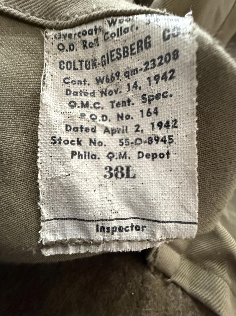 U.S. Wool Overcoat Sized 38L 1942 Dated - Nice Used Condition — image 4