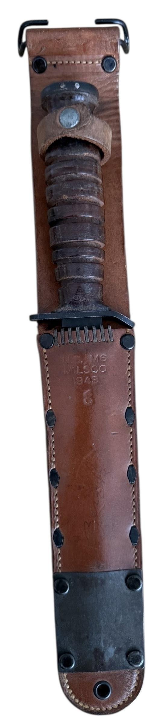 U.S. First Model M3 Trench Knife 'Camillus' 1943 With M6 Leather Scabbard - Nice Used Condition — image 9