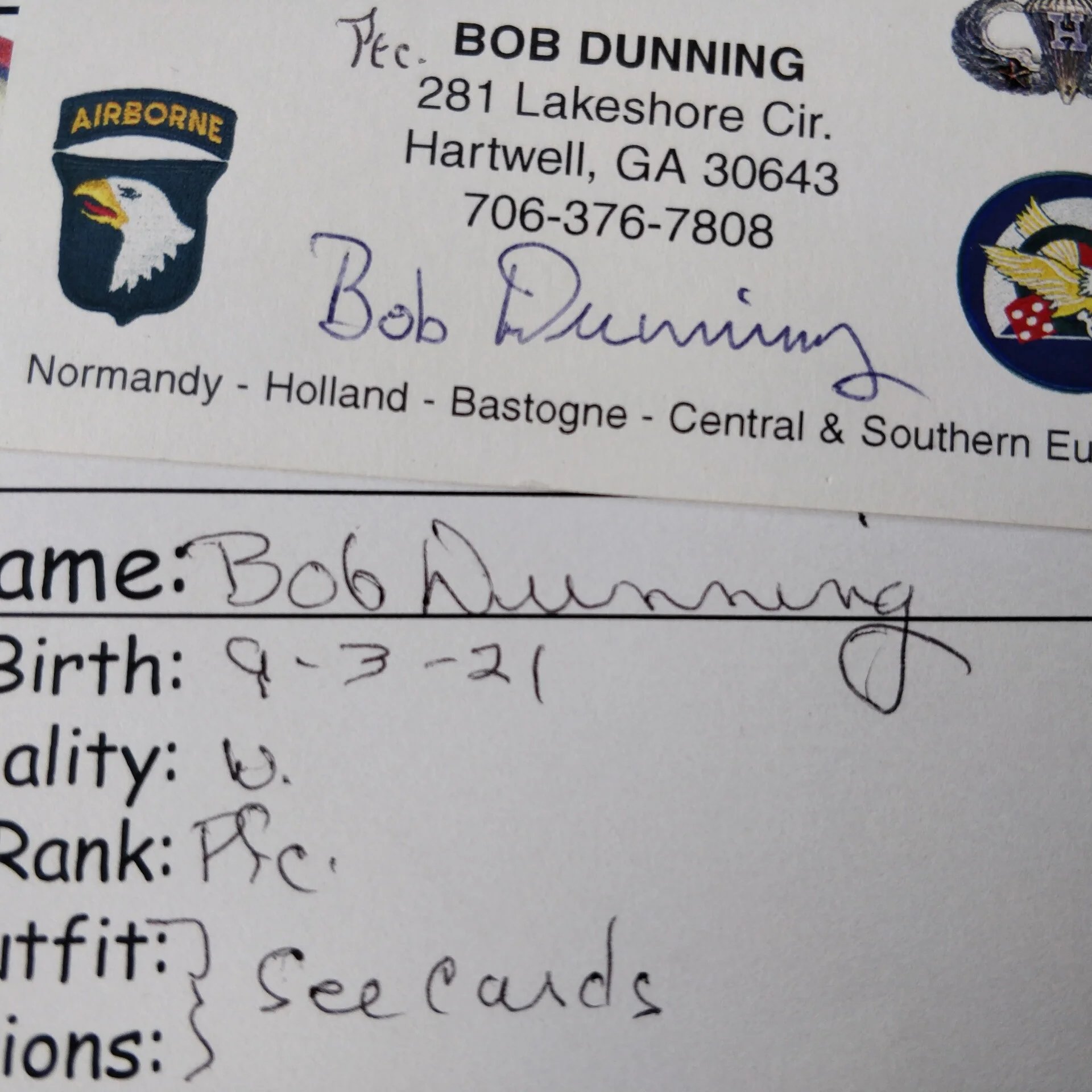 WWII US 101st AB 506th PIR HQ Company Veteran Autograph Set Bob Dunning — image 2