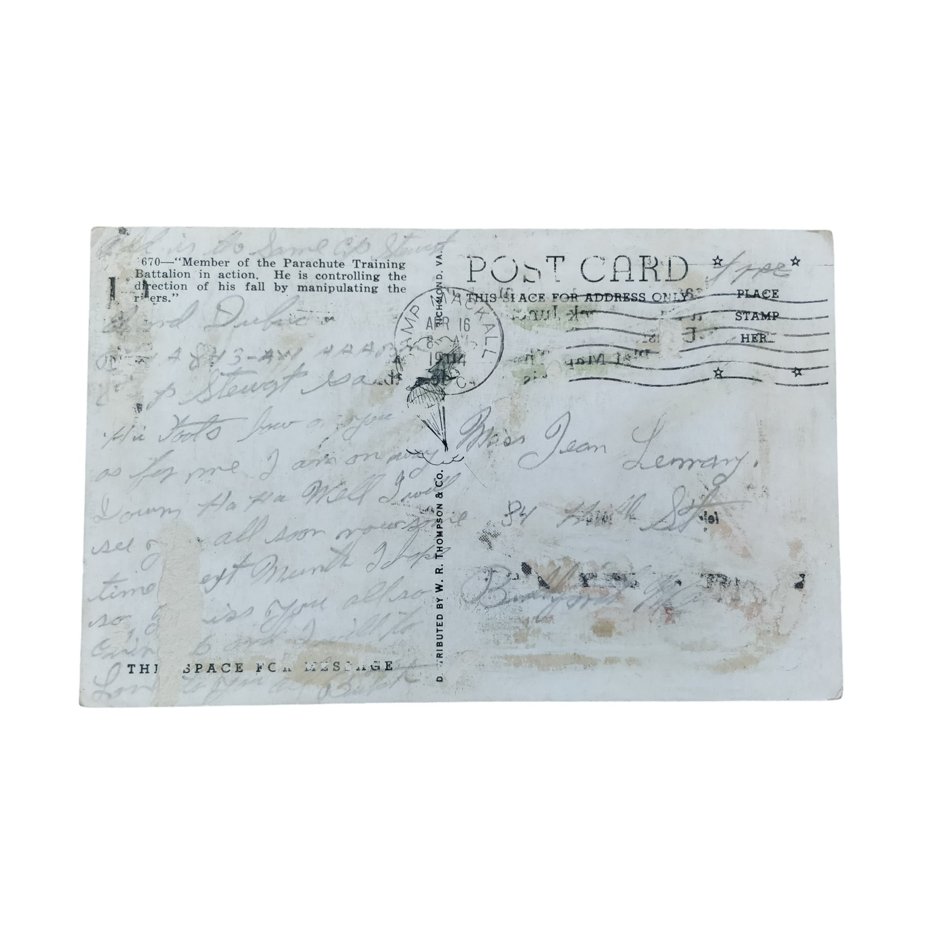 WWII US Postcard Airborne Paratrooper Camp Mackall — image 2