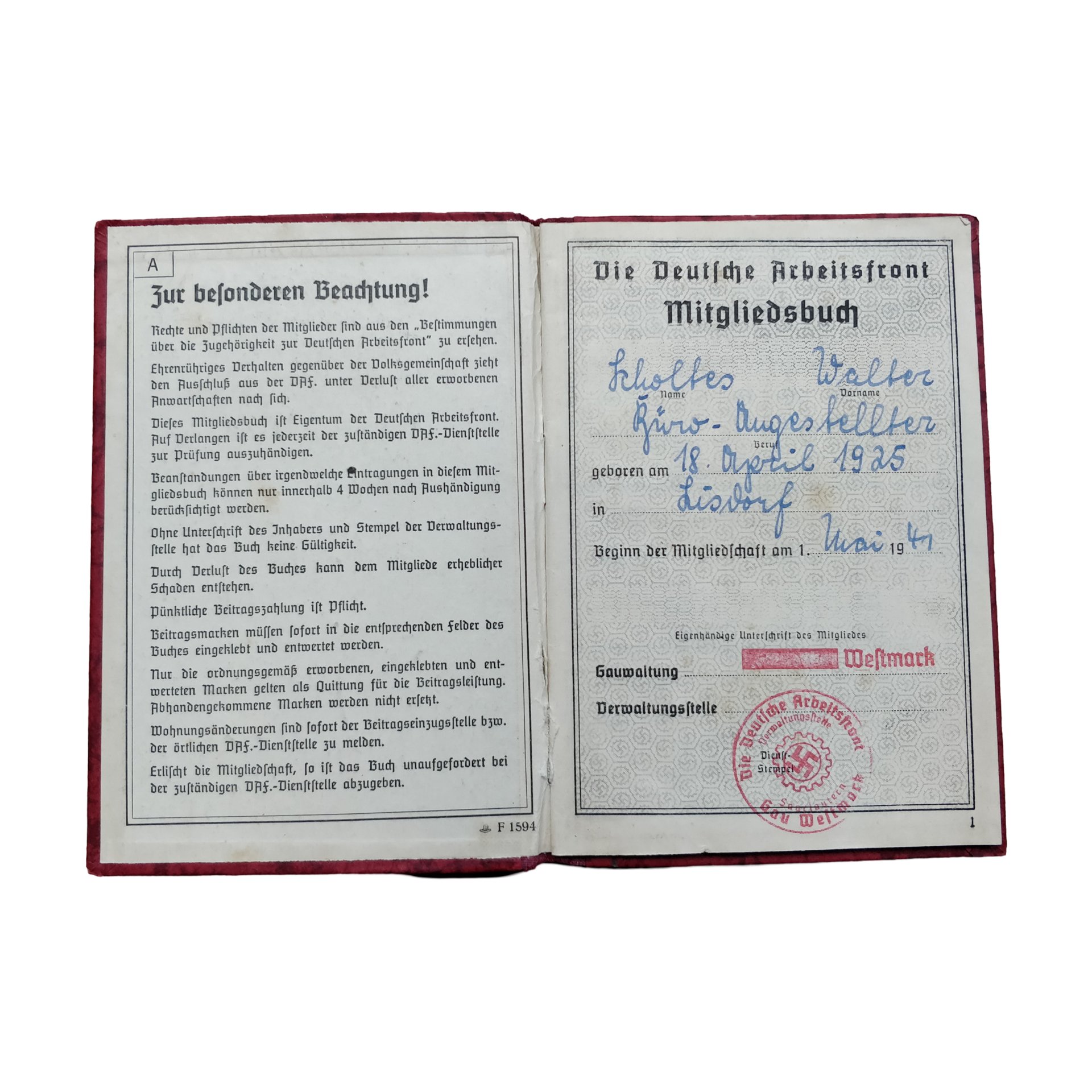 WWII German DAF Mitgliedsbuch Westmark — image 2