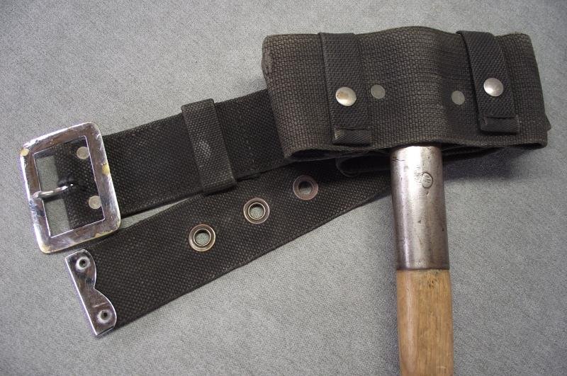 WW2 British George 6th Stamped Fire Fighters Axe and Webbed Axe Case with Belt. — image 2