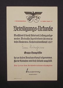 1937 Dated Hitler Youth Reichssportwettkampf Certificate.