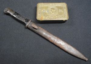 WW2 K98 Bayonet and WW1 ''Mary'' Tin. Family Purchase.