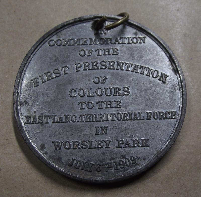 1909 Dated Medal, King Edward VII and Queen Commemoration First Presentation of East Lanc Territorial Forces Colours. — image 2