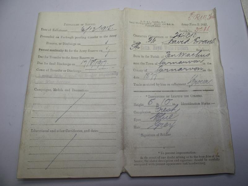 WW1 British Discharge Paperwork. 5th Battalion RWF. Penmachno North Wales. — image 2