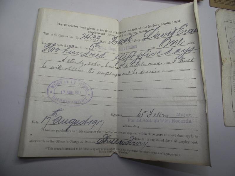 WW1 British Discharge Paperwork. 5th Battalion RWF. Penmachno North Wales. — image 4