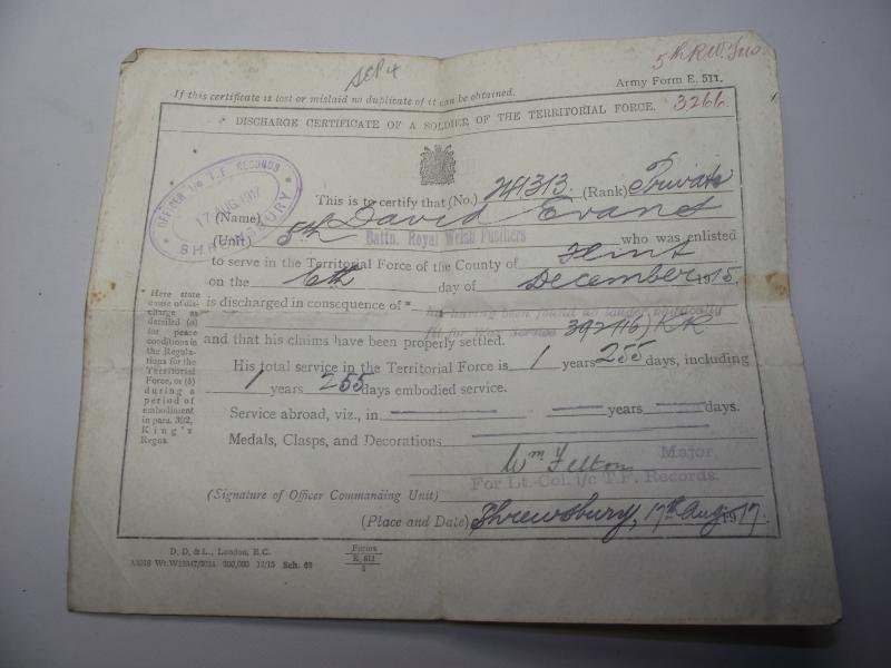 WW1 British Discharge Paperwork. 5th Battalion RWF. Penmachno North Wales. — image 5