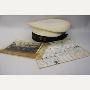 1970's RN Service Certificate, white top Cap and photo. HMS …