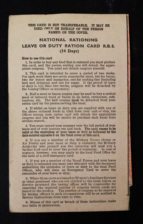 WW2 British Soldiers 'Leave Or Duty Ration Card' September 1940 — image 2
