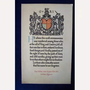 WW1 British Yorkshire Regiment Officer, Military Cross KIA Death Scroll