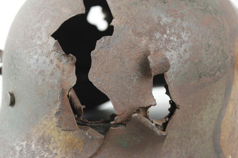 WW1 German Camouflage Helmet With Severe Battle Damage — image 13