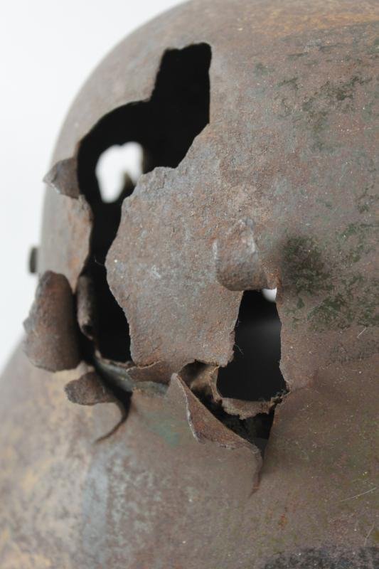 WW1 German Camouflage Helmet With Severe Battle Damage — image 14