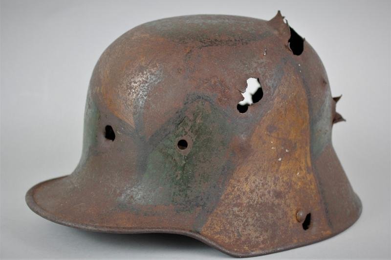 WW1 German Camouflage Helmet With Severe Battle Damage — image 2
