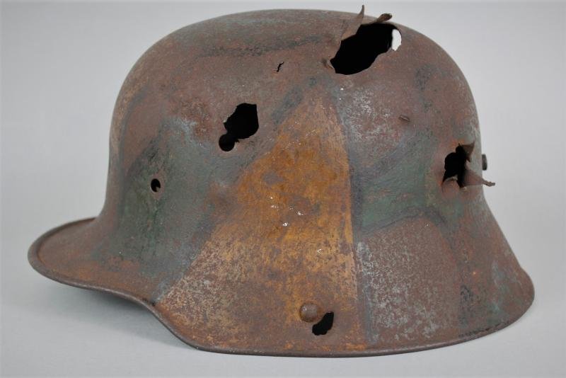 WW1 German Camouflage Helmet With Severe Battle Damage — image 3