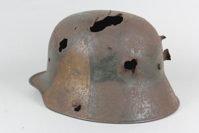 WW1 German Camouflage Helmet With Severe Battle Damage — image 4