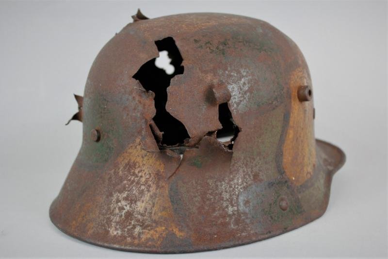 WW1 German Camouflage Helmet With Severe Battle Damage — image 5