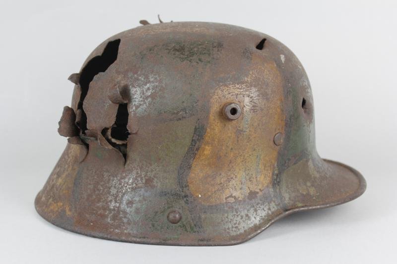 WW1 German Camouflage Helmet With Severe Battle Damage — image 6