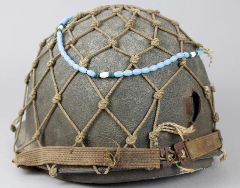 Bullet Holed ( Entry & Exit ) 1982 Falklands War Argentinian Netted Camouflage Helmet — image 2