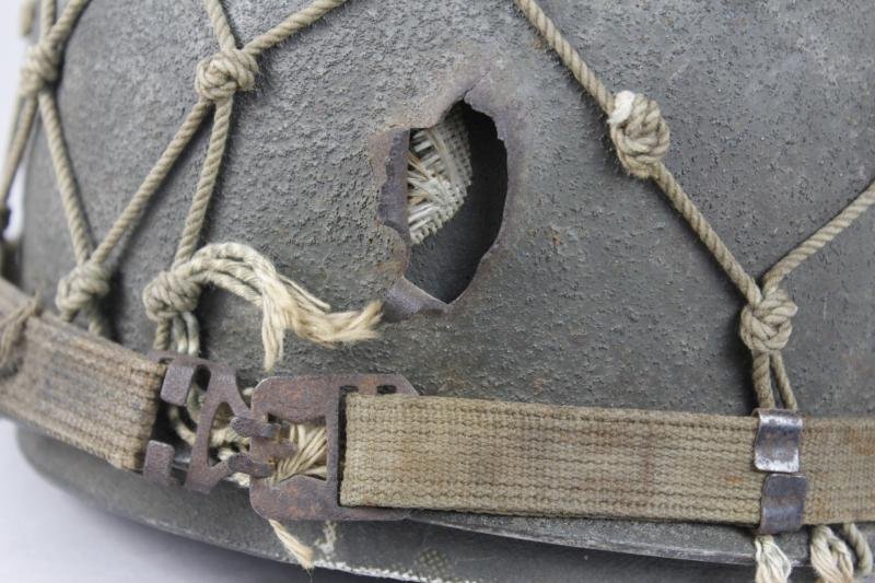 Bullet Holed ( Entry & Exit ) 1982 Falklands War Argentinian Netted Camouflage Helmet — image 3