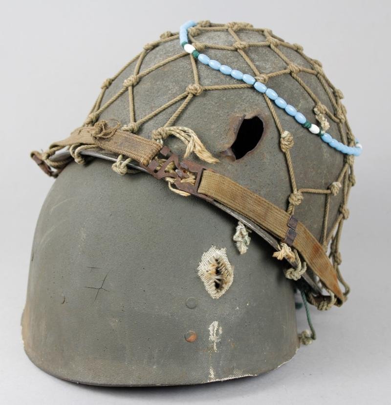 Bullet Holed ( Entry & Exit ) 1982 Falklands War Argentinian Netted Camouflage Helmet — image 9