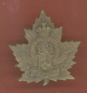 Canadian 93rd Battalion, Peterborough, Ontario WW1 CEF Cap Badge
