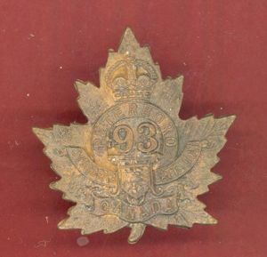 Canadian 93rd Battalion, Peterborough, Ontario WW1 CEF Cap Badge