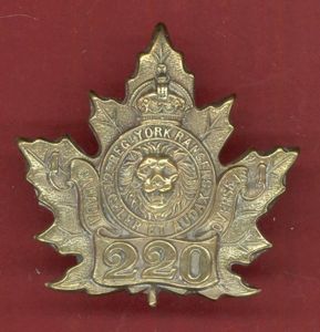 Canadian 220th York Rangers, Toronto Bn. WW1 CEF cap badge