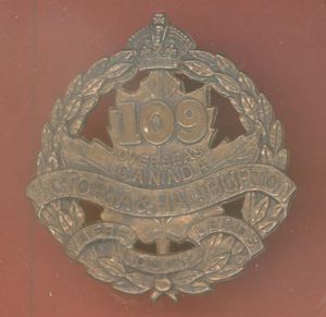 Canadian 109th Victoria & Halliburton Bn. WW1 CEF cap badge