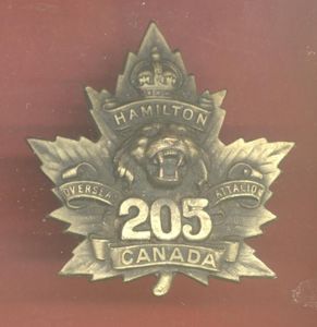 Canadian 205th Hamilton Oversea's Bn. CEF WW1 cap badge