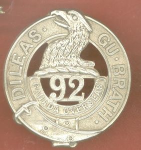 Canadian 92nd Toronto Bn. WW1 CEF glengarry badge
